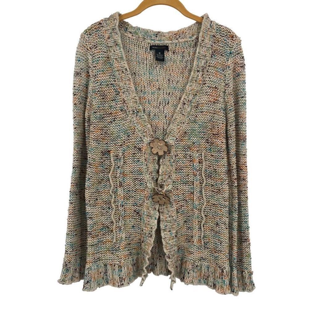 BCBGMAXAZRIA Y2K Floral Daisy Button Ruffle Hem Knit Cardigan Sweater Tan Medium